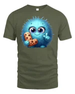 Cute Blue Fluffy Monster T-shirt - military green t-shirt on white background