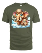 Cute Mammoth Family Cartoon T-shirt - military green t-shirt on white background