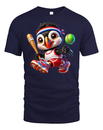 Cute Baseball Penguin Sports Tee - navy t-shirt on white background