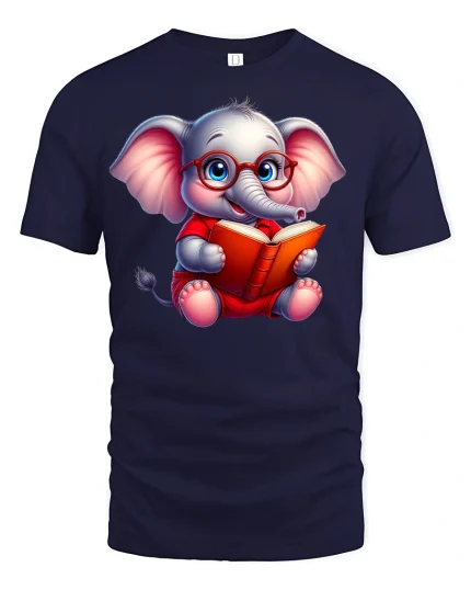 Smart Reading Elephant Tee - navy t-shirt on white background