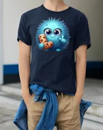 Cute Blue Fluffy Monster T-shirt - model wearing Navy T-shirt, hands in pockets, denim shirt at waist
