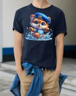 Sailor Bear Splish Splash Tee - model wearing Navy T-shirt, hands in pockets, denim shirt at waist