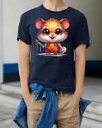 Cute Painter Hamster Artist Tee - model wearing Navy T-shirt, hands in pockets, denim shirt at waist