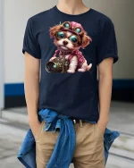 Cute Photographer Dog Camera Tee - model wearing Navy T-shirt, hands in pockets, denim shirt at waist