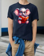 Smart Reading Elephant Tee - model wearing Navy T-shirt, hands in pockets, denim shirt at waist