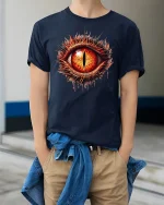 Fiery Dragon Eye Gothic Tee - model wearing Navy T-shirt, hands in pockets, denim shirt at waist