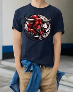 Charging Red Bull T-shirt - model wearing Navy T-shirt, hands in pockets, denim shirt at waist