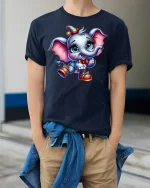 Cute Baby Elephant Party Time Tee - model wearing Navy T-shirt, hands in pockets, denim shirt at waist