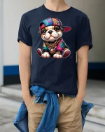 Hip Hop Bulldog Puppy Tee - model wearing Navy T-shirt, hands in pockets, denim shirt at waist