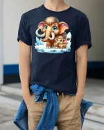Cute Mammoth Family Cartoon T-shirt - model wearing Navy T-shirt, hands in pockets, denim shirt at waist