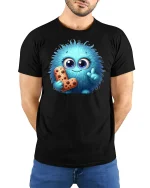Cute Blue Fluffy Monster T-shirt - model with hands behind back, wearing Black T-shirt and blue jeans