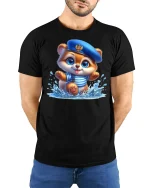 Sailor Bear Splish Splash Tee - model with hands behind back, wearing Black T-shirt and blue jeans