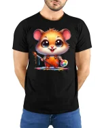Cute Painter Hamster Artist Tee - model with hands behind back, wearing Black T-shirt and blue jeans