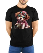 Cute Photographer Dog Camera Tee - model with hands behind back, wearing Black T-shirt and blue jeans