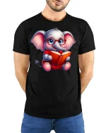 Smart Reading Elephant Tee - model with hands behind back, wearing Black T-shirt and blue jeans