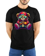 Bitcoin Hip Hop Bear Tee - model with hands behind back, wearing Black T-shirt and blue jeans