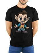 Funny Cartoon Goblin Tee - model with hands behind back, wearing Black T-shirt and blue jeans