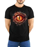 Fiery Dragon Eye Gothic Tee - model with hands behind back, wearing Black T-shirt and blue jeans