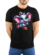 Cute Baby Elephant Party Time Tee - model with hands behind back, wearing Black T-shirt and blue jeans
