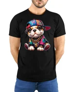 Hip Hop Bulldog Puppy Tee - model with hands behind back, wearing Black T-shirt and blue jeans