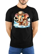 Cute Mammoth Family Cartoon T-shirt - model with hands behind back, wearing Black T-shirt and blue jeans