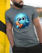 Cute Blue Fluffy Monster T-shirt - model leaning on yellow-black pole, wearing Gray T-shirt, hand in pocket