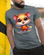 Cute Painter Hamster Artist Tee - model leaning on yellow-black pole, wearing Gray T-shirt, hand in pocket