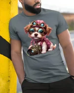 Cute Photographer Dog Camera Tee - model leaning on yellow-black pole, wearing Gray T-shirt, hand in pocket