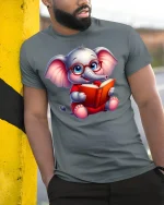Smart Reading Elephant Tee - model leaning on yellow-black pole, wearing Gray T-shirt, hand in pocket