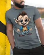 Funny Cartoon Goblin Tee - model leaning on yellow-black pole, wearing Gray T-shirt, hand in pocket