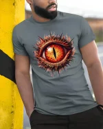 Fiery Dragon Eye Gothic Tee - model leaning on yellow-black pole, wearing Gray T-shirt, hand in pocket