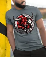 Charging Red Bull T-shirt - model leaning on yellow-black pole, wearing Gray T-shirt, hand in pocket