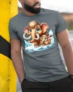 Cute Mammoth Family Cartoon T-shirt - model leaning on yellow-black pole, wearing Gray T-shirt, hand in pocket