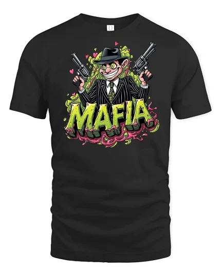 Funny Mafia Cartoon Gangster Tee - black t-shirt on white background