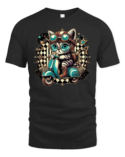 Retro Scooter Cat T-shirt - black t-shirt on white background