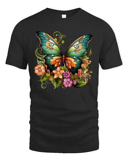 Colorful Butterfly T-shirt - black t-shirt on white background