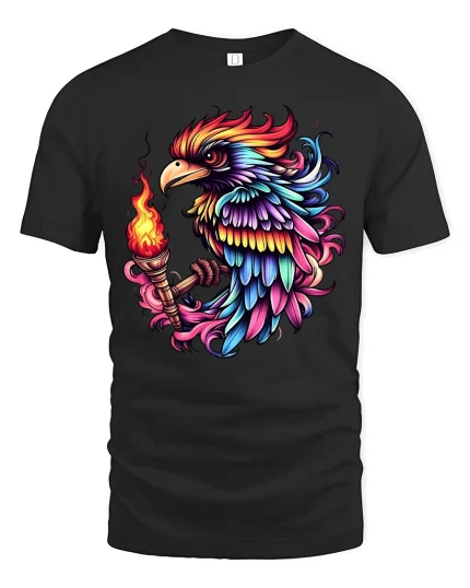 Rainbow Phoenix Bird T-shirt - black t-shirt on white background