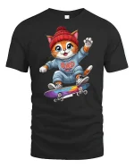 Cool Skater Cat Graphic Tee - black t-shirt on white background