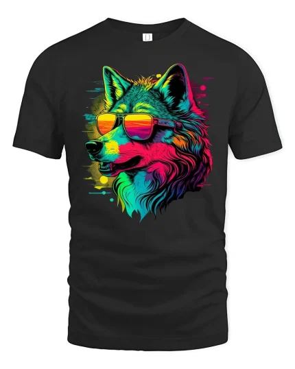 Neon Wolf Sunglasses Tee - black t-shirt on white background