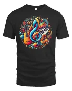 Colorful Music Notes Tee - black t-shirt on white background