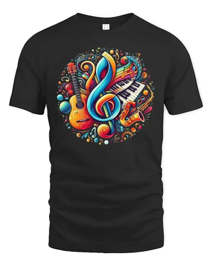 Colorful Music Notes Tee - black t-shirt on white background