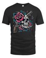 Skull and Rose Gun Tee - black t-shirt on white background