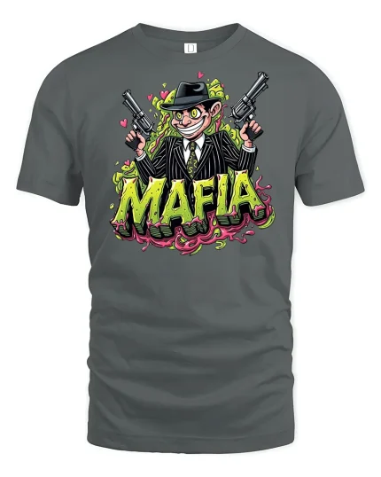 Funny Mafia Cartoon Gangster Tee - gray t-shirt on white background