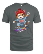 Cool Skater Cat Graphic Tee - gray t-shirt on white background