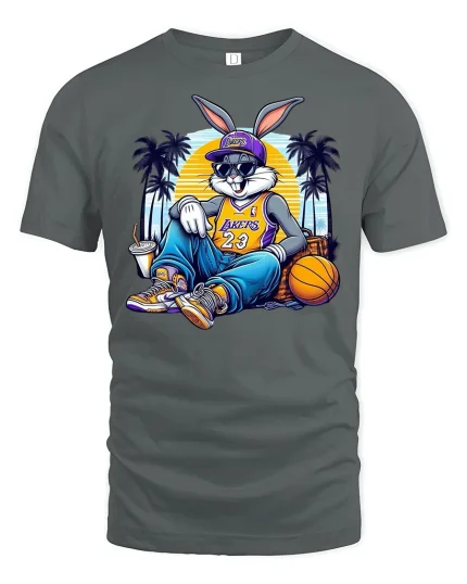 Cool Bunny Basketball Streetwear Tee - gray t-shirt on white background