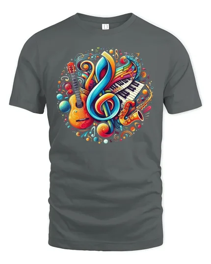 Colorful Music Notes Tee - gray t-shirt on white background