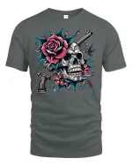 Skull and Rose Gun Tee - gray t-shirt on white background