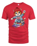 Cool Skater Cat Graphic Tee - red t-shirt on white background