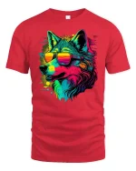 Neon Wolf Sunglasses Tee - red t-shirt on white background