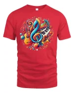 Colorful Music Notes Tee - red t-shirt on white background